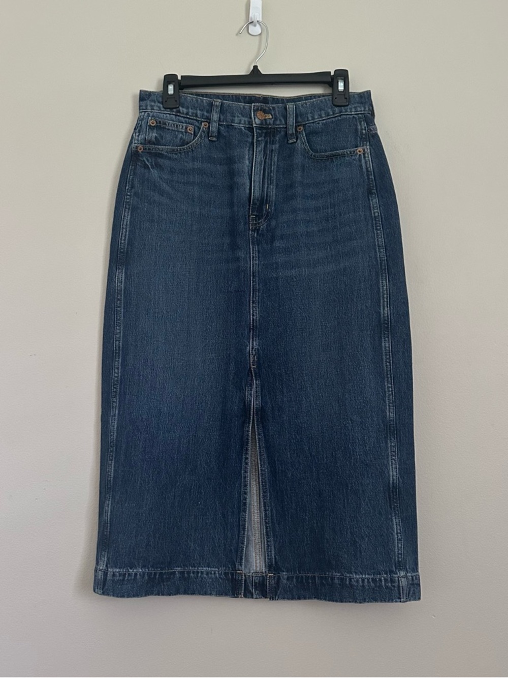 J.Crew Denim Midi Skirt Womens Size 4 Blue Jean Pencil Straight Front Slit 90s